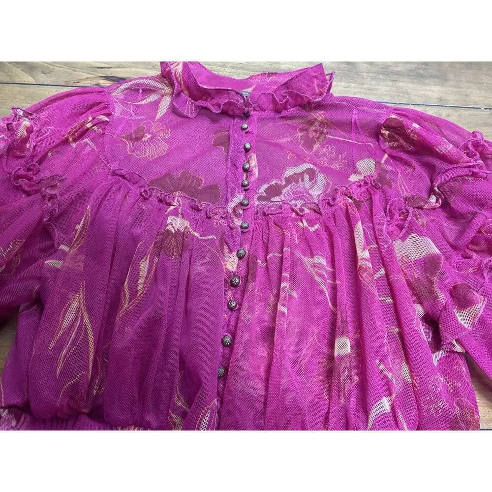 Free People Time For Shine Mesh Cropped Smocked Pink Purple Floral Blouse Top L